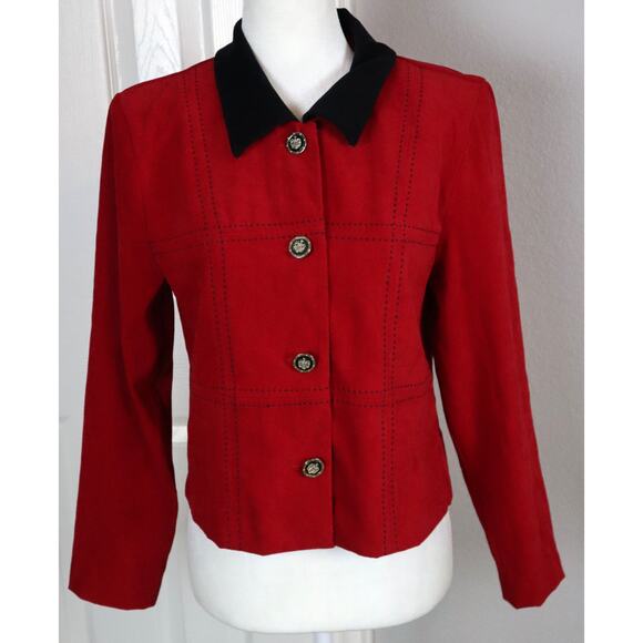 Vintage Red Suede Like Blazer Jacket Embroidered Black Color Short Size 8P - Picture 1 of 7